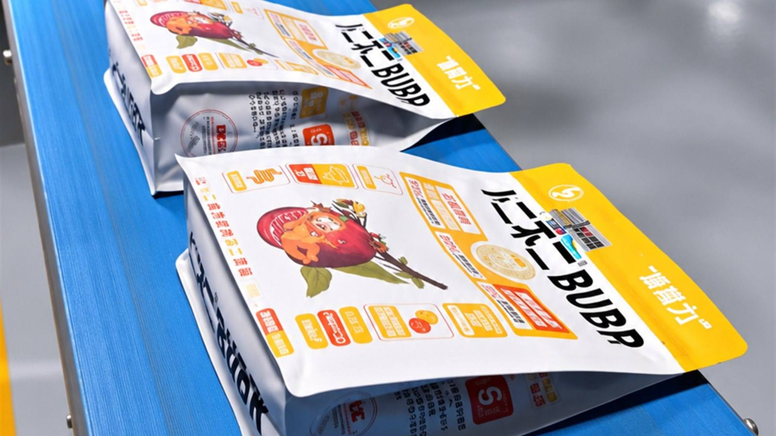 BUBR pet food pouch packaging moving along a blue conveyor